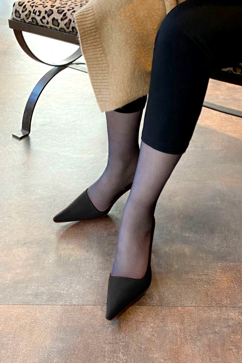 Matt black women's dress pumps,with a square neckline. Pointed toe. High slim heel. Worn view - Florence KOOIJMAN